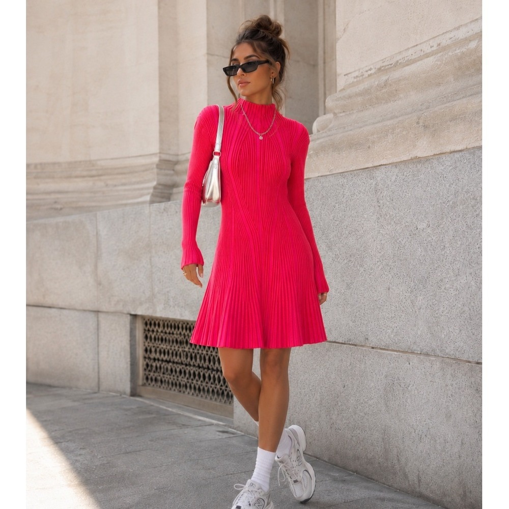 French Connection Ribbed Knit Mini Dress Pink Red Long Sleeve Mock Neck Small